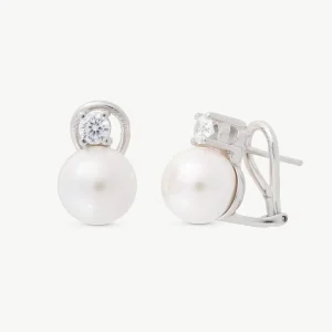 Серьги с жемчугом и цирконием 10 мм, застежка Omega, Селена