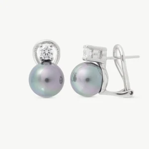 Серьги с жемчугом и серым цирконием, 10 мм, застежка Omega, Selene