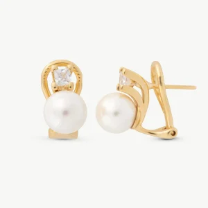Серьги с жемчугом и фианитами Golden Spike 8 мм, застежка Omega Selene