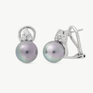 Серьги с жемчугом и 3 фианитами, серая селена, 10 мм