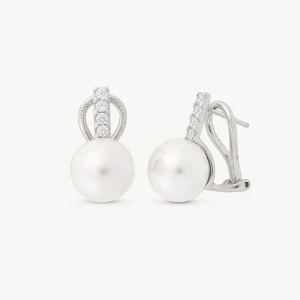 Серьги-гвоздики с жемчугом и 4 цирконами, селен 10 мм