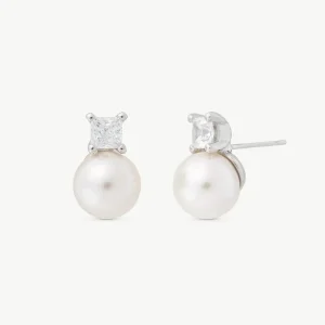 Серьги-гвоздики с жемчугом и квадратным цирконием, 10 мм, Селен