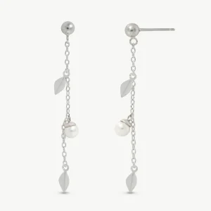 Длинные серьги с листьями и жемчужиной 4 мм Romea